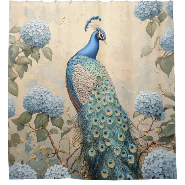 Elegant Peacock with Blue Hydrangeas Oil Painting Shower Curtain (Front)