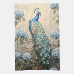 Elegant Peacock with Blue Hydrangeas Oil Painting Tea Towel