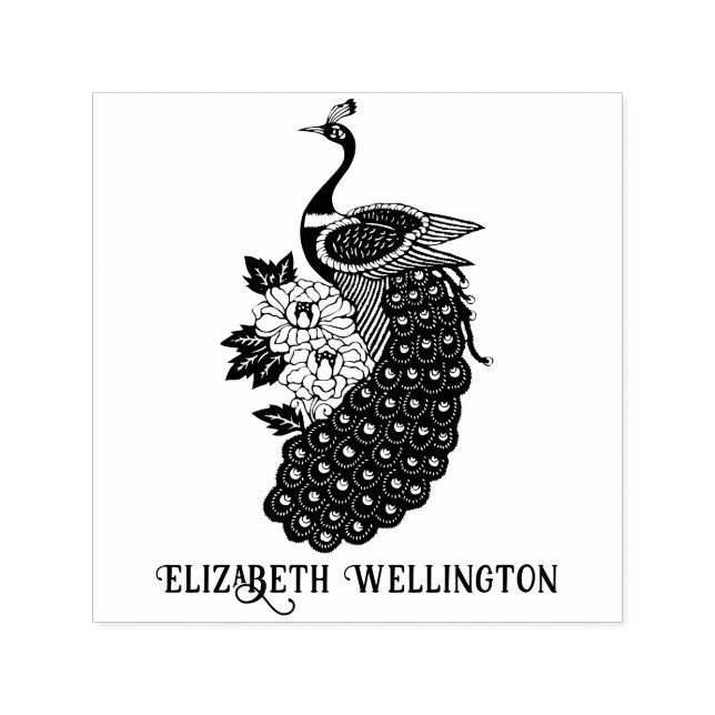 Elegant Peacock with Flowers Name Self-inking Stamp (Design)