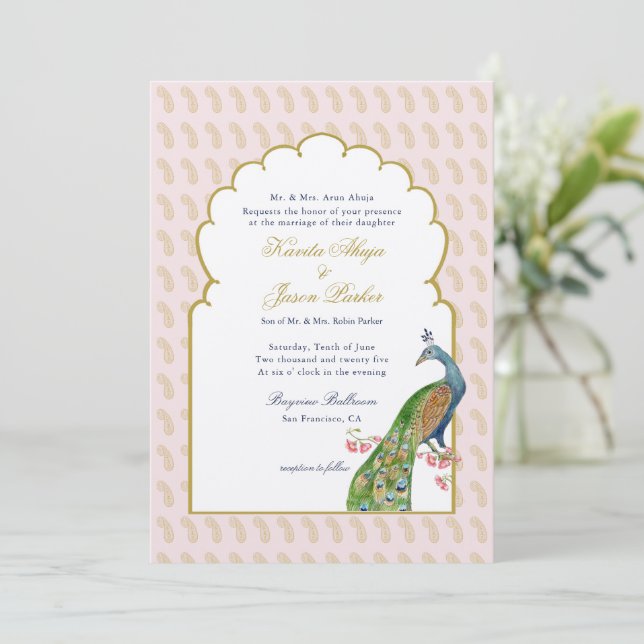 Elegant PeacockPink & Gold  Indian wedding  Invitation (Standing Front)