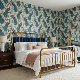 Elegant Peacocks and Magnolia Flowers Sage Green Wallpaper