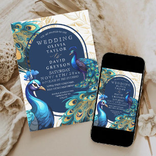 Elegant Peacocks Gold Feathers Flora Wedding Invitation