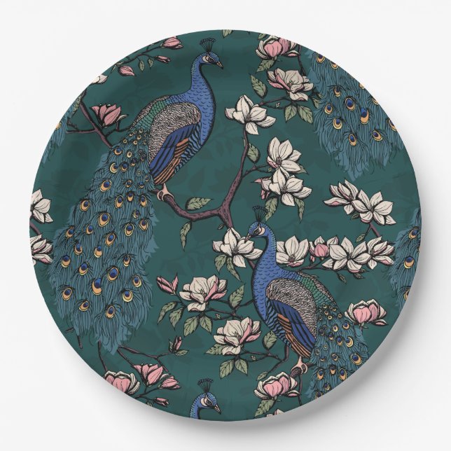 Elegant Peacocks & Magnolia Flowers Green Paper Plate (Front)