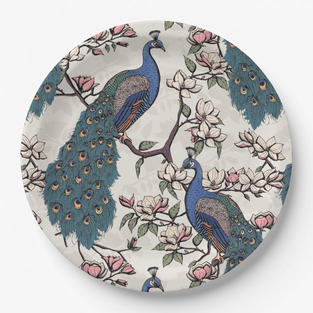 Elegant Peacocks & Magnolia Flowers Ivory Paper Plate (Front)