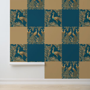 Elegant Peacocks Patterned Blue Faux Gold Stylish Wallpaper