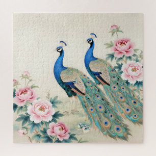 Elegant Peacocks Pink Peonies Asian Jigsaw Puzzle
