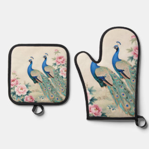 Elegant Peacocks Pink Peonies Asian Oven Mitt & Pot Holder Set