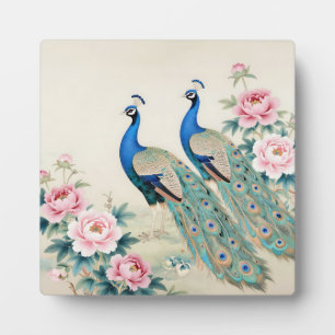 Elegant Peacocks Pink Peonies Asian Plaque