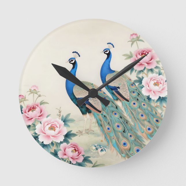 Elegant Peacocks Pink Peonies Asian  Round Clock (Front)