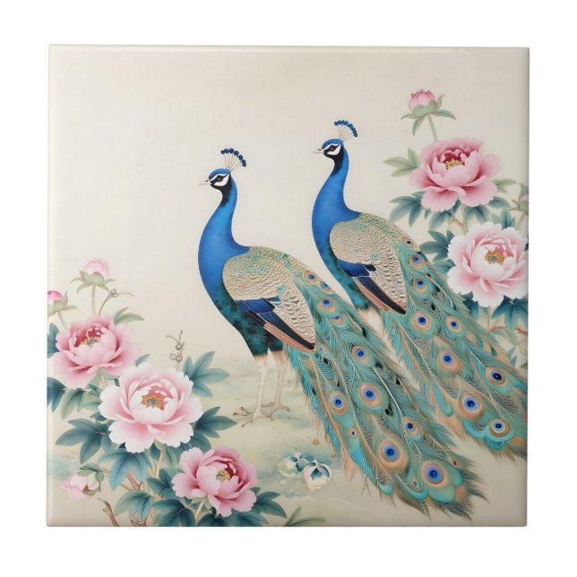 Elegant Peacocks Pink Peonies Asian  Tile (Front)