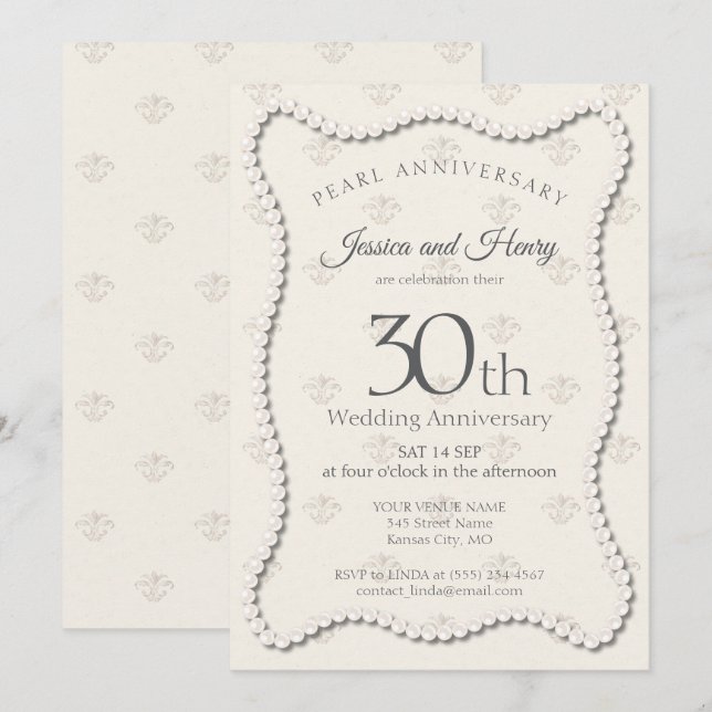 Elegant Pearl 30th wedding anniversary damask Invitation (Front/Back)