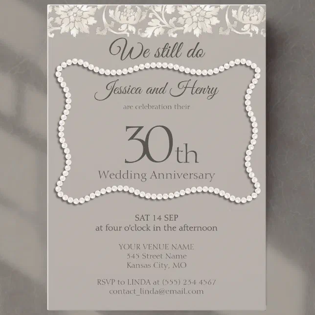 Elegant Pearl 30th wedding anniversary Invitation | Zazzle