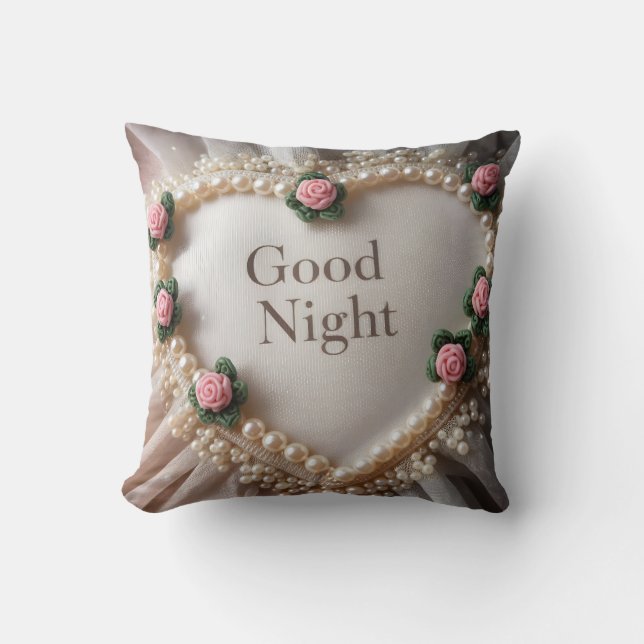 Elegant Pearl and Floral Heart Cushion (Front)
