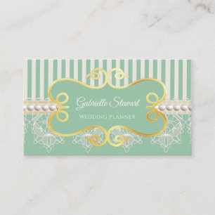 Elegant Pearl and Lace Soft Green Wedding Planner Business Card