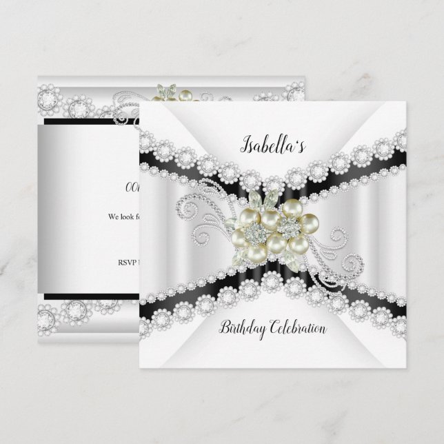 Elegant Pearl Black White Diamond Birthday Party Invitation (Front/Back)
