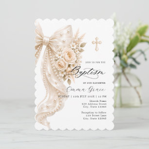 Elegant Pearl Bow and Floral Baptism Invitation