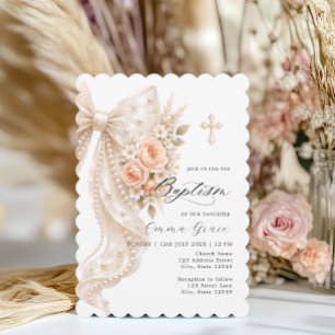 Elegant Pearl Bow and Floral Baptism Invitation
