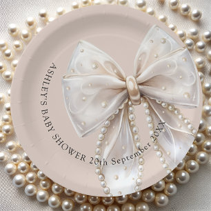Elegant Pearl Bow Baby Shower Paper Plate