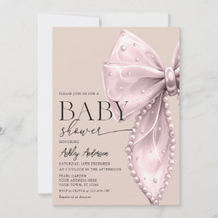 Elegant Pearl Bow Beige Blush Baby Shower Invitation