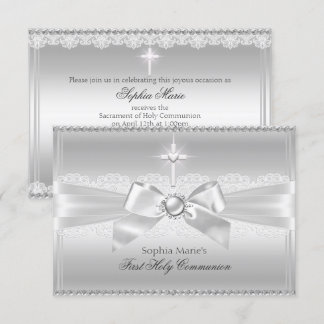 Elegant Pearl Bow & Cross First Holy Communion Invitation