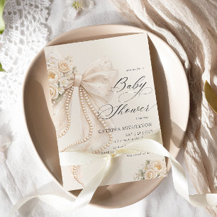 Elegant Pearl Bow Floral Baby Shower  Invitation