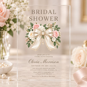 Elegant Pearl Bow Floral Bridal Shower Acrylic Invitations