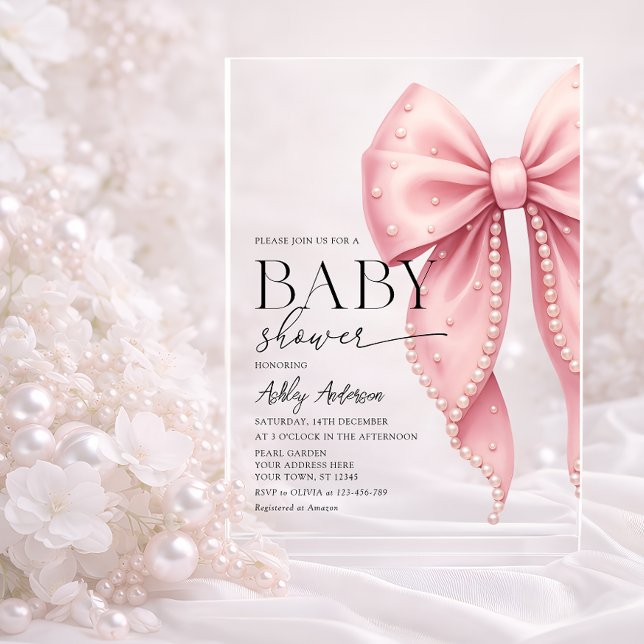 Elegant Pearl Bow Girl Baby Shower Acrylic Invitations (Creator Uploaded)