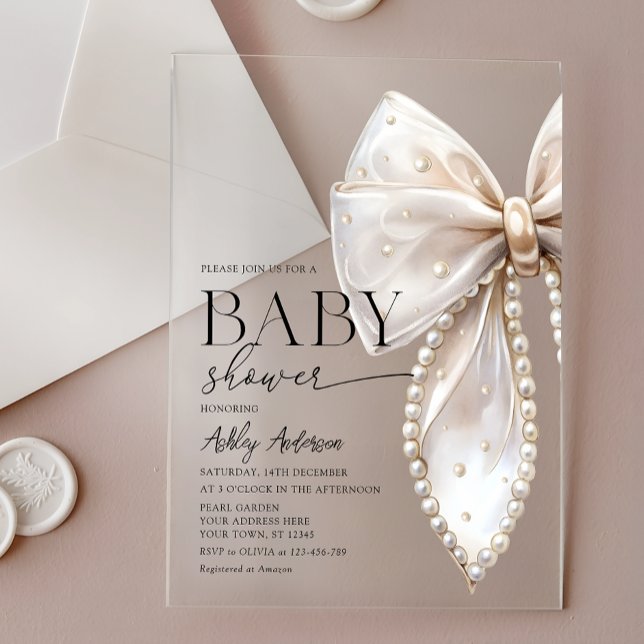 Elegant Pearl Bow Girl Baby Shower Acrylic Invitations (Creator Uploaded)