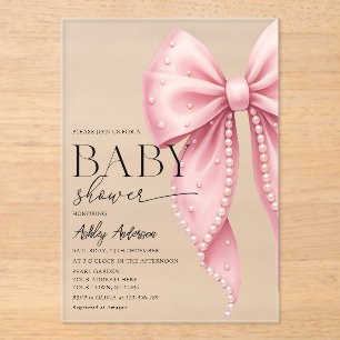Elegant Pearl Bow Girl Baby Shower Acrylic Invitations