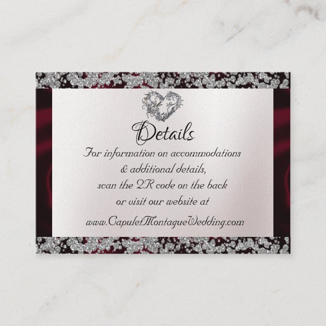 Elegant Pearl, Burgundy Ribbon & Sparkle QR Code Enclosure Card (Front)