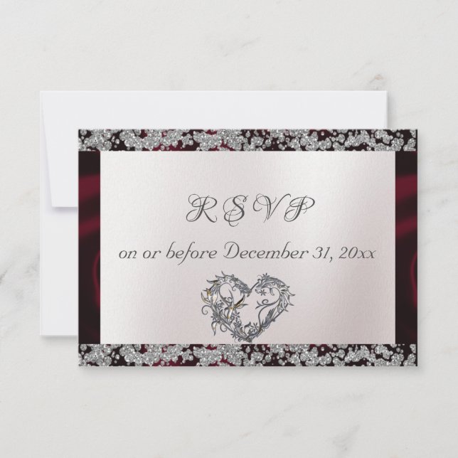 Elegant Pearl, Burgundy Ribbon & Sparkle RSVP Card (Front)