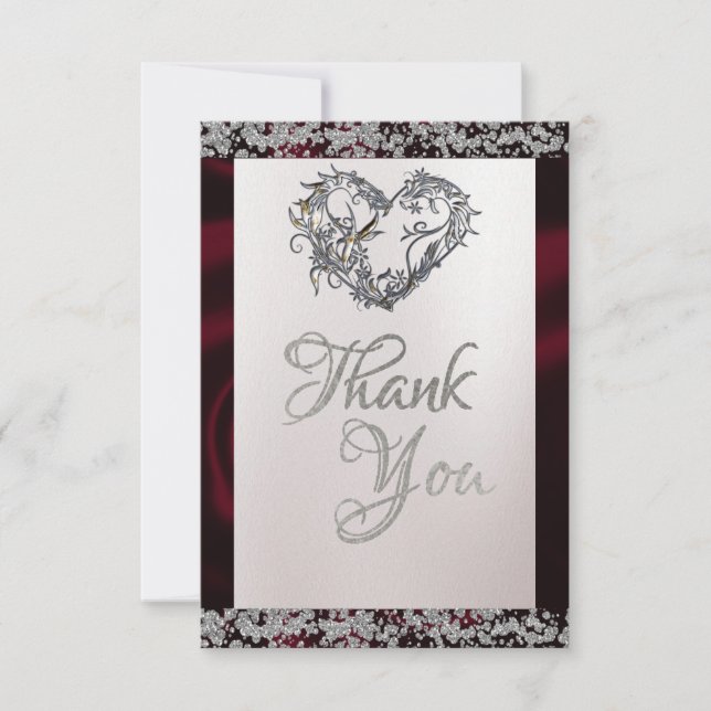 Elegant Pearl, Burgundy Ribbon & Sparkle Thank You Card (Front)