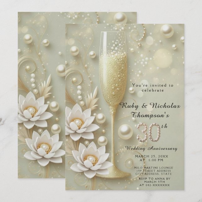 Elegant Pearl & Champagne Glass 30th Wedding Anniv Invitation (Front/Back)
