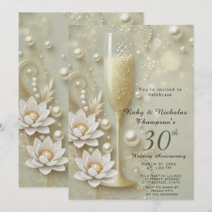 Elegant Pearl & Champagne Glass 30th Wedding Anniv Invitation
