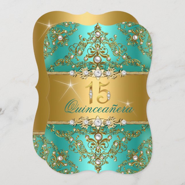 Elegant Pearl Damask Jade Quinceanera Invitation (Front/Back)