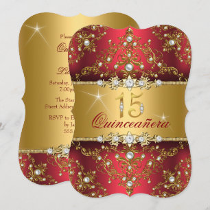 Elegant Pearl Damask Ruby Red Quinceanera Invitation