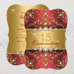 Elegant Pearl Damask Ruby Red Quinceanera Invitation