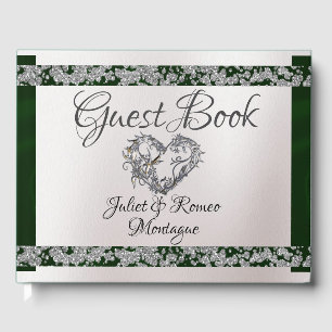 Elegant Pearl, Emerald Ribbon & Sparkle Guest Book