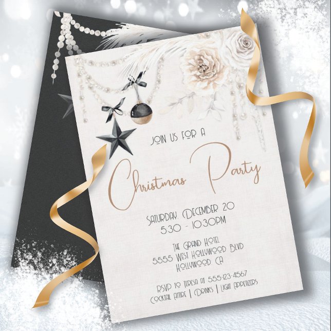 Elegant Pearl Floral Black & White Christmas Party Invitation (Creator Uploaded)