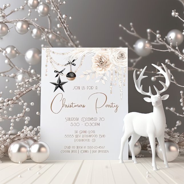 Elegant Pearl Floral Black & White Christmas Party Invitation (Creator Uploaded)
