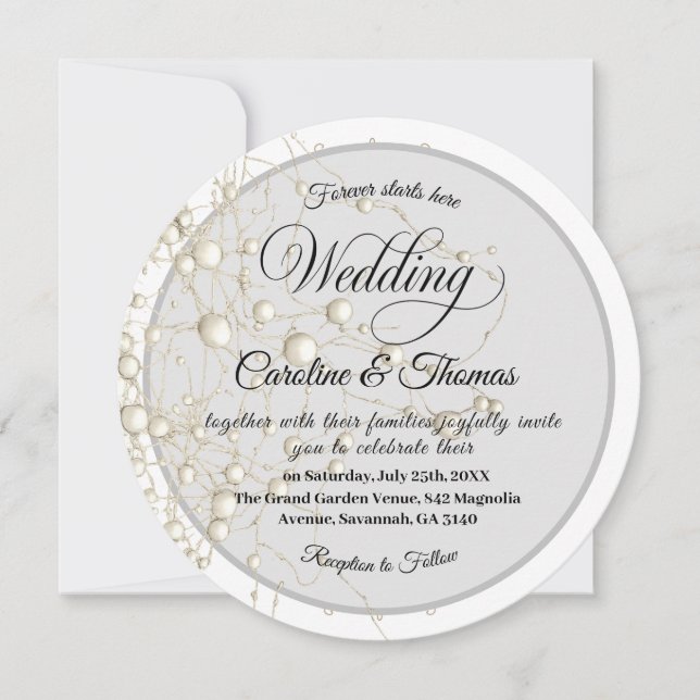 Elegant Pearl Gold Script Wedding Romantic Pearls Invitation (Front)