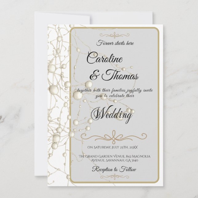 Elegant Pearl Gold Script Wedding Romantic Pearls Invitation (Front)