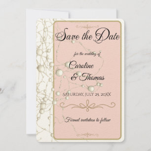 Elegant Pearl Gold Script Wedding Romantic Pearls Save The Date
