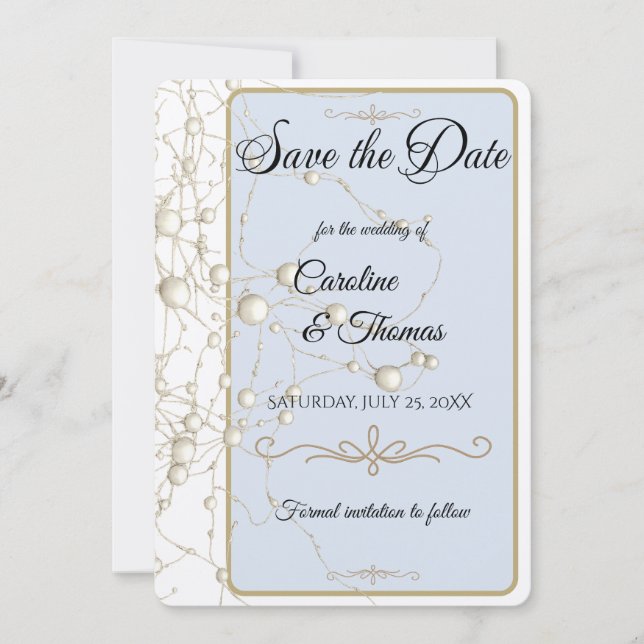 Elegant Pearl Gold Script Wedding Romantic Pearls Save The Date (Front)