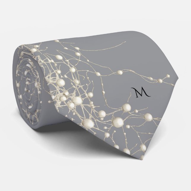 Elegant Pearl Gold Script Wedding Romantic Pearls Tie (Rolled)