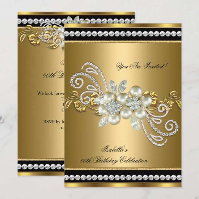 Elegant Pearl Gold Silver Diamond Birthday Party 7 Invitation (Front/Back)
