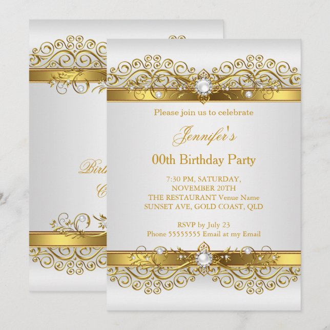 Elegant Pearl Gold White Silver Birthday Party Invitation (Front/Back)