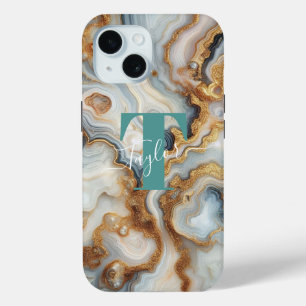 Elegant Pearl Golden Agate Custom Monogram iPhone 15 Case