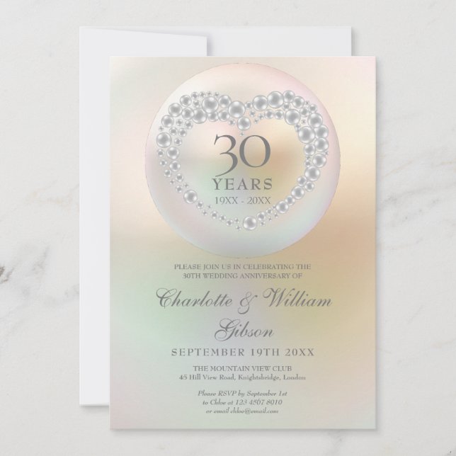 Elegant Pearl Heart 30th Wedding Anniversary Invitation (Front)