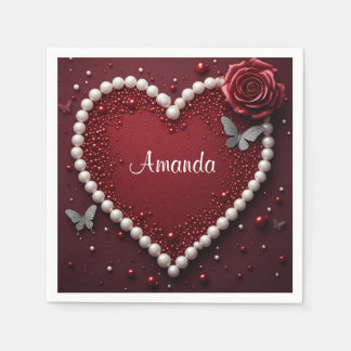 Elegant Pearl Heart Floral Wedding Celebration 🤍 Napkin